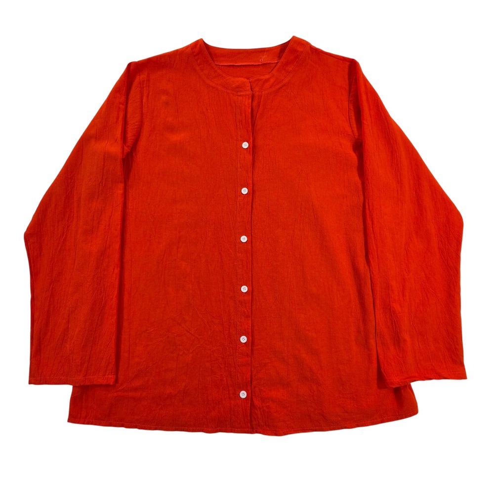 Orange Cotton Linen Button Down Blouse Long Sleeve Top Plus Size XL Coastal